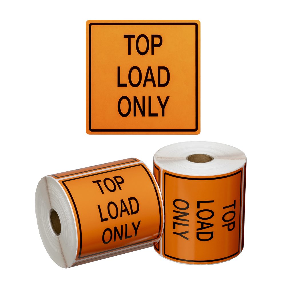 Hand Load Only Rack Label Handling Label Top Load Only - Orange/Black, 99mm x 99mm - EcoMake